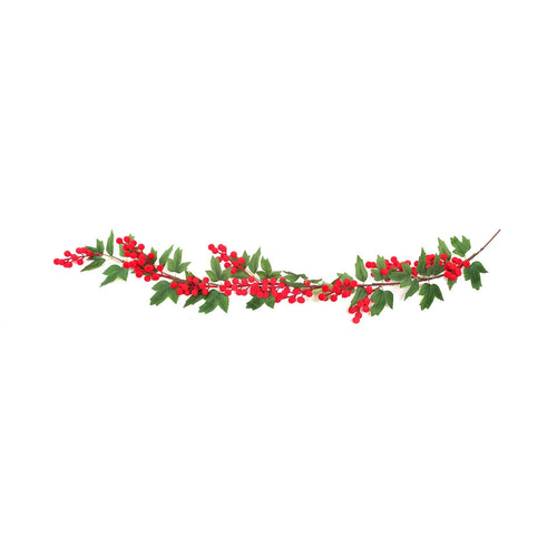 Ghirlanda decorativa floccata con bacche rosse e foglie decorative 133 cm