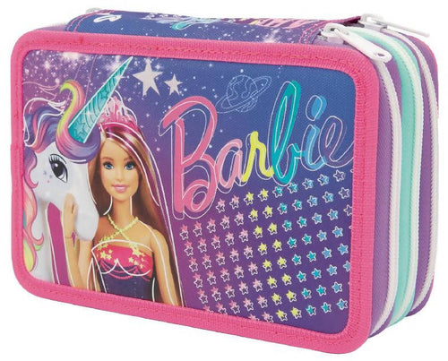 Giochi preziosi Barbie Astuccio per La Scuola 3 Zip Astuccio Bambine Fantasia Barbie E Unicorno Con 18 Matite, 18 Pennarelli, 1 Temperino, 1 Gomma E Molto Altro