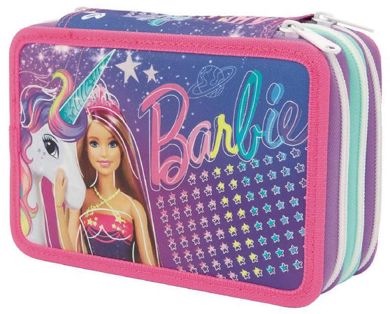 Giochi preziosi Barbie Astuccio per La Scuola 3 Zip Astuccio Bambine Fantasia Barbie E Unicorno Con 18 Matite, 18 Pennarelli, 1 Temperino, 1 Gomma E Molto Altro