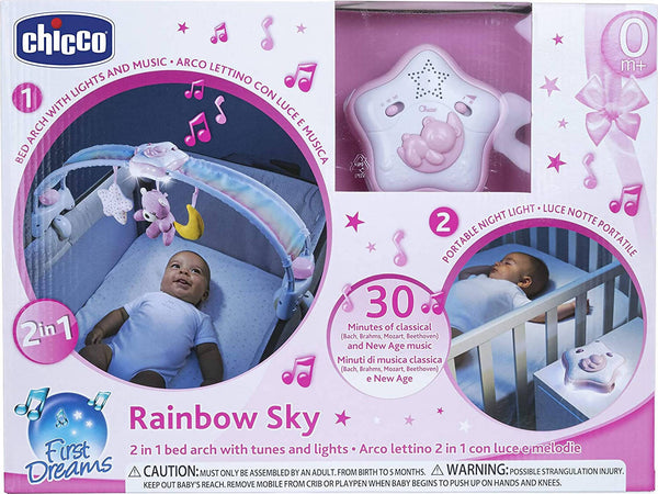 Gioco Arco Lettino Rainbow Sky Chicco Pannello Lettino 2-In-1 a Forma Di Arcobaleno Con Luci E Suoni, Funziona Con 3 Batterie Aaa Non Incluse, Età 0 Mesi + Rosa O Celeste Due Colori Casa e cucina/Decorazioni per interni/Decorazioni cameretta bambini/Giostrine acchiappasogni Sanitaria Gioia del Bimbo - Villa San Giovanni, Commerciovirtuoso.it
