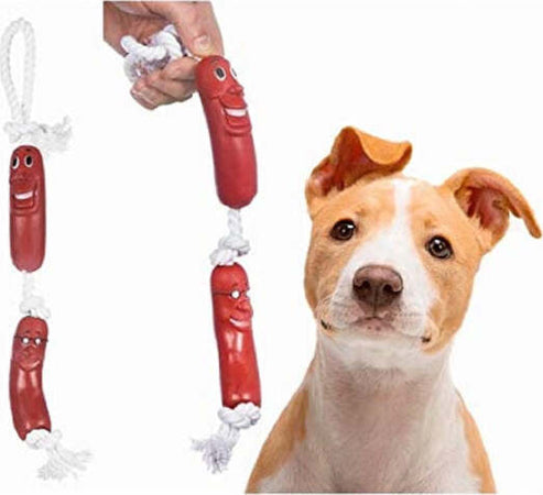 Gioco-Fune-Corda-2-Salsicce-Con-Faccine-Per-Cane-Giocattolo-Gatto-Masticare-Denti