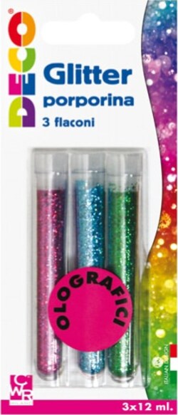 Glitter grana fine - 12 ml - colori assortiti olografici - Deco - blister 3 flaconi Casa e cucina/Hobby creativi/Materiali per hobby creativi/Glitter Eurocartuccia - Pavullo, Commerciovirtuoso.it