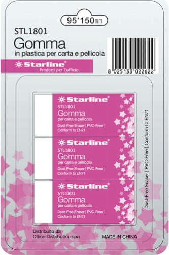 Gomma per carta e pellicola - 60x24x14mm - bianco - Starline - conf. 3 pezzi Cancelleria e prodotti per ufficio/Penne matite scrittura e correzione/Correttori e gomme/Gomme Eurocartuccia - Pavullo, Commerciovirtuoso.it