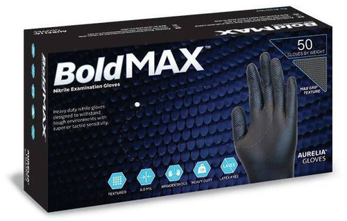 Guanti In Nitrile Neri Aurelia Gloves Bold Max 50 Pz. Neri Spessore 8.8 gr. DPI monouso Senza Polvere 6mil Latex Free Nero