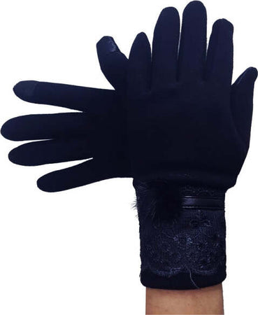 Guanti-Tessuto-Cotone-Donna-Blu-Pon-Pon-Pizzo-Taglia-8-1/2-Gloves-Fodera