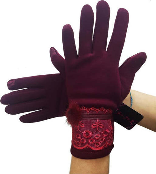 Guanti-Tessuto-Cotone-Donna-Bordeaux-Pon-Pon-Pizzo-Taglia-8-1/2-Gloves-Fodera