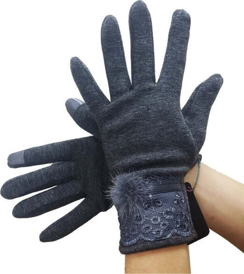 Guanti-Tessuto-Cotone-Donna-Grigio-Pon-Pon-Pizzo-Taglia-8-1/2-Gloves-Fodera