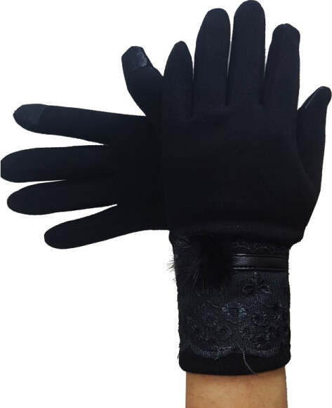 Guanti-Tessuto-Cotone-Donna-Nero-Pon-Pon-Pizzo-Taglia-8-1/2-Gloves-Fodera-Pile