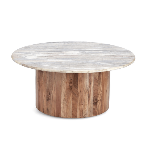 Tavolino eloy, piano in marmo con base in legno di acacia, Ø 80 x 35 cm