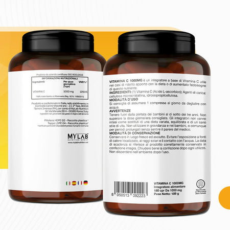 Vitamina c 1000mg, 180 compresse, 6 mesi di fornitura - alte difese immunitarie