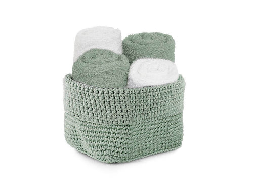 Set lavette Daunex Uncinetto 30x30 in spugna con cestino decorativo lavorazione effetto uncinetto, accessorio bagno raffinato.