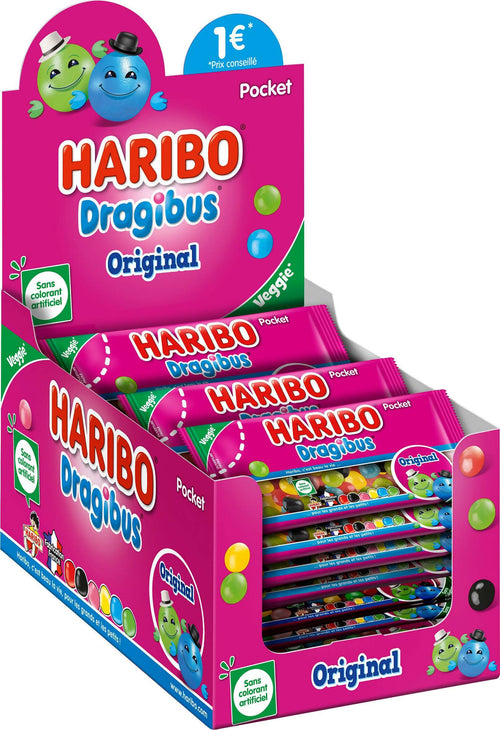 Haribo dragibus (consegna gratuita ), caramelle dragee veggie, gusto frutta, ideali per feste - 24 pezzi da 50gr [1200gr]
