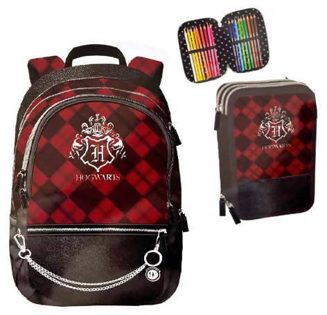 Harry Potter Zaino Hogwarts Per La Scuola E Astuccio 3 Zip Completo Set Scuola Elementari Spallacci In Mesh Logo Ricamato In Argento Catena Staccabile Con Charm Inserti In Ecopelle Gut