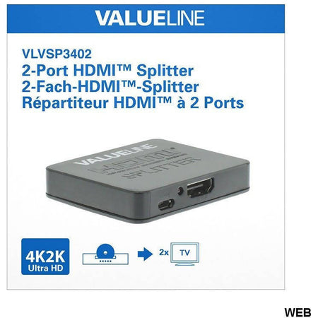 Hdmi Splitter 1 in 2 out Splitter Hdmi 2 Porte Full Hd - 3 D Risoluzione 3840x2160 4k 2k Ultra Hd Valueline