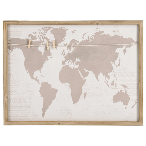 Bacheca memo mondo 45 x 60, struttura in mdf, retro e clip in legno di abete