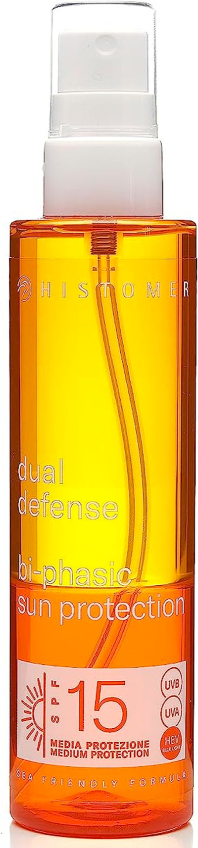 Histomer Crema Solare Spray 15 Bi-fasica. Protezione Solare Media Spf 15 Fotostabile, UVA, UVB con Tirosina e Vitamina B2 Per Stimolare La Melanina.