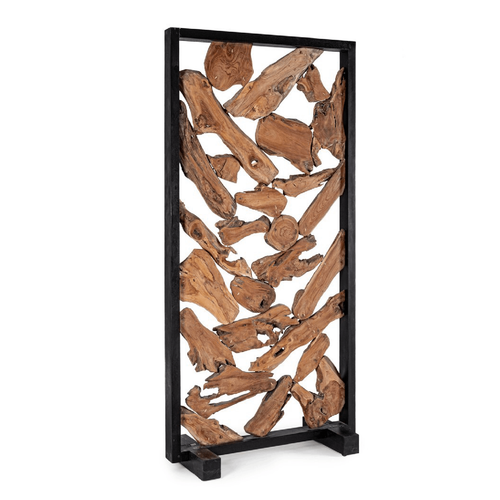 Paravento grenada in struttura in legno meranti, pannello interno in radici di teak 100 x 9/40 x 200 cm