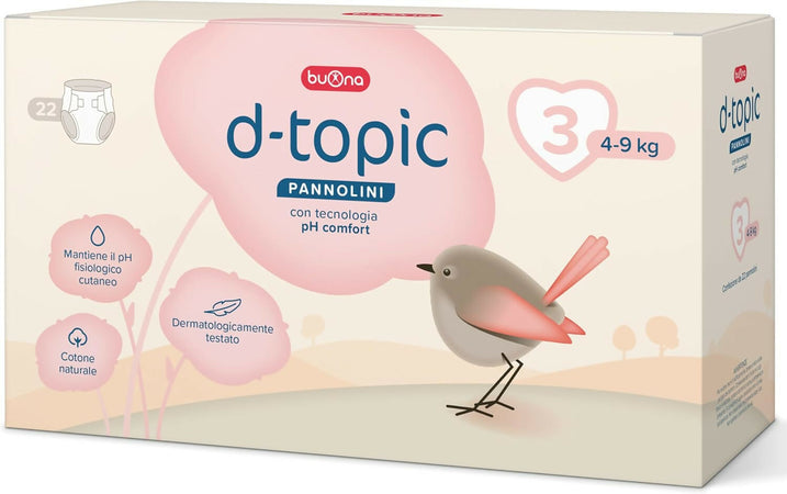 Buona D-Topic Pannolini per neonati e bambini - con Tecnologia pH Comfort - Dermatologicamente testati, Cotone Naturale, Materiali Traspiranti Delicati sulla Pelle dei Bambini - tutte le misure disponibili - 3 pacchi - PREZZO PER 3 CONFEZIONI