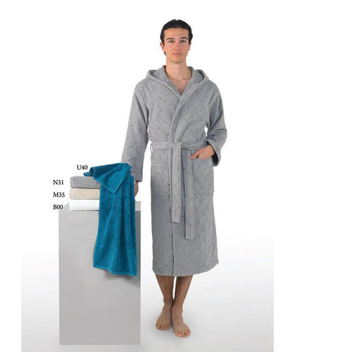 Accappatoio Trussardi Greyhound in spugna 100% cotone, variante bianco B00, grammatura 410 gr/mq, morbido e raffinato, Made in Italy.