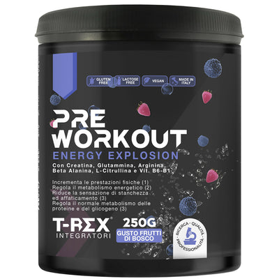 T-rex integratori pre workout, energy drink potente con creatina monoidrata, bcaa, arginina, beta alanina e vitamine - senza caffeina, 250 g (frutti di bosco, 250 g (confezione da 1))