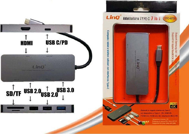 Hub Type-c 7in1 Usb-c Pd Hdmi 4k Usb3.0 2xusb2.0 Lettore Scheda Microsd/sd Tpc-8701 Elettronica/Informatica/Accessori/USB Hub Trade Shop italia - Napoli, Commerciovirtuoso.it