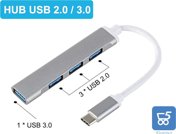 HUB USB type C 4 porte USB 3.0 Splitter Case in Alluminio Alta Velocità per PC e Smartphone