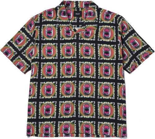 HUF-Camicia-Manica-Corta-Uomo-Pop-Top-Rayon-Woven-Shirt-X-Pleasures-Black-da-uomo