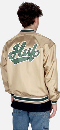 HUF-Giubbotto-Bomber-Uomo-Pop-Fly-Satin-Baseball-Jacket-Tan-da-uomo
