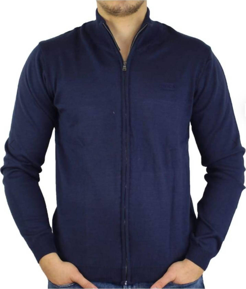 Hugo Boss Cardigan Uomo Cotone Blu Tinta Unita Maglione Con Zip