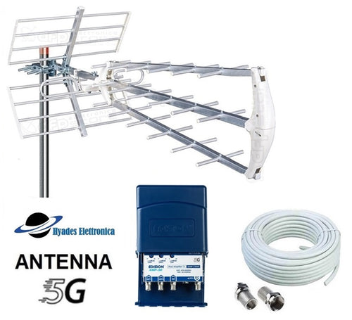 Kit Antenna Tv Digitale Terrestre Da Esterno Ad Alto Guadagno DVB-T2 Completo di Amplificatore di Segnale da Palo da 32dB