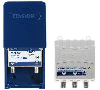 Amplificatore da palo 25dB regolabile con filtro 5G LTE 1 Ingresso / 1 Uscita EDISION AMP-10 con alimentatore 24V 200mA EDISION PSU-2402