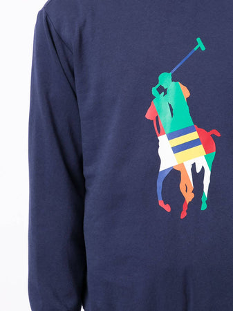 Ralph Lauren Maglione Blu Girocollo Stampa Big Pony Multicolor Felpa Senza Cappuccio Polsini e Fondo a Coste Polo