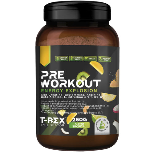 T-rex integratori pre workout, energy drink potente con creatina monoidrata, citrullina, taurina, arginina, beta alanina e vitamine - senza caffeina, 250 g (Tropical, 250 g (confezione da 1))