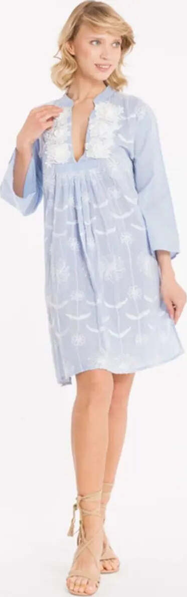 Iconique Abito Donna Azzurro a Manica 3/4 in Tessuto Puro Cotone 100% Con Ricami Vestito Estivo Fresco Con Scollatura a V E COllo Alla Coreana Moda/Donna/Abbigliamento/Vestiti/Casual You Store - Messina, Commerciovirtuoso.it