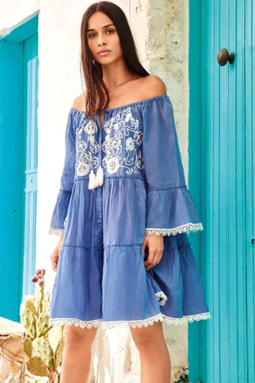 Iconique Abito Donna Corto Blu Con Manica Volant 100% Cotone Con Ricami E Merletti Vestito Estivo Ampio Con Scollatura a Barca Regolabile E Coulisse Moda/Donna/Abbigliamento/Vestiti/Casual You Store - Messina, Commerciovirtuoso.it