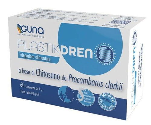 PlastikDren 60 cpr Guna. Integratore a basse di Chitosano, aiuta a intrappolare le microplastiche nel tratto gastrointestinale, riducendone l’assorbimento e favorendone l’eliminazione