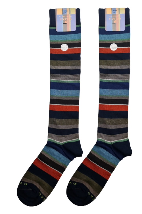 Calze Lunghe Uomo Gallo - Oltremare Strisce Multicolor - Cotone Superleggero