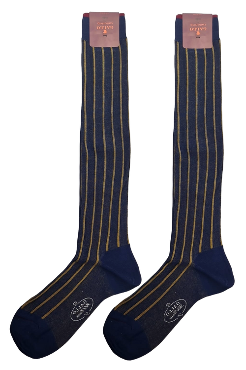 Calze lunghe uomo Gallo - Fantasia righe - Oltremare/oro twin rib spaziata