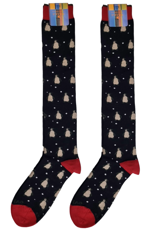 Calze Lunghe Uomo Gallo - Fantasia Pinguini Blu/Beige - Made in Italy