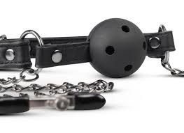 Pinzette per capezzoli con catene al morso bavaglio ball gag nero Easy Toys