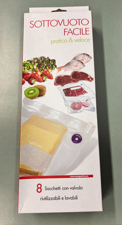 MONGARDI - 8 SACCHETTI PER SOTTOVUOTO ALIMENTI CON VALVOLA LAVABILI E RIUTILIZZABILI MISURE ASSORTITE