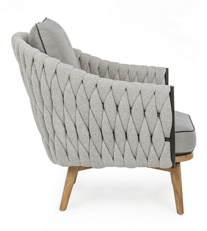 Poltrona "Xenia" con cuscini, struttura in alluminio verniciato, gambe in legno per esterno