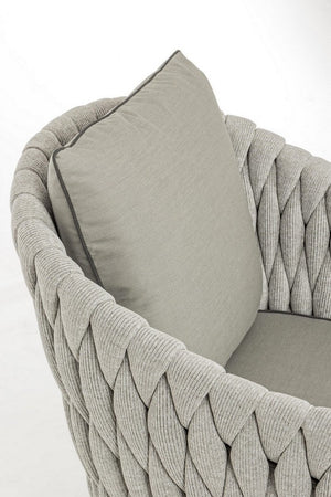 Poltrona "Xenia" con cuscini, struttura in alluminio verniciato, gambe in legno per esterno