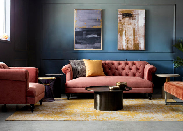 Divano in velluto 3 posti "Blossom" tipo Chester con piedi neri 193 cm