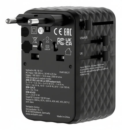 Verbatim 30191 Caricabatterie per dispositivi mobili Universale Nero AC Ricarica rapida Interno (Charge ?n? Travel 100W - Universal Travel Adapter with - Retractable Cable Black - Warranty: 24M)