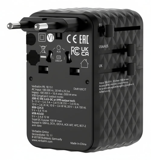 Verbatim 30191 Caricabatterie per dispositivi mobili Universale Nero AC Ricarica rapida Interno (Charge ?n? Travel 100W - Universal Travel Adapter with - Retractable Cable Black - Warranty: 24M)