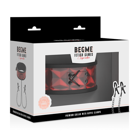 BEGME collare con pinze per capezzoli fetish in morbido neoprene colore rosso e nero