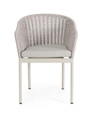 Sedia "Salines" struttura in alluminio, con braccioli, intreccio in corda, per interni ed esterni
