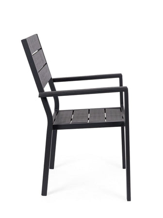 Sedia "Sarita" struttura in acciaio effetto legno venato, con braccioli, per interni ed esterni