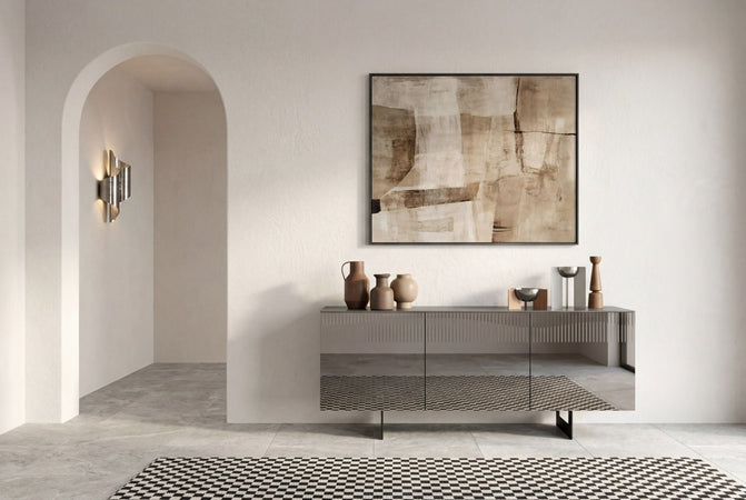 Madia "Ring" moderna a tre ante specchiate, inserto cannettè, con piede a slitta per interno